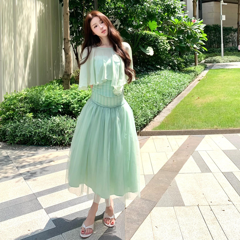 Pure Desire Style Mint Green Cape Striped Tube Top Mesh Puffy Skirt Set for Women Dopamine Matching Complete Set