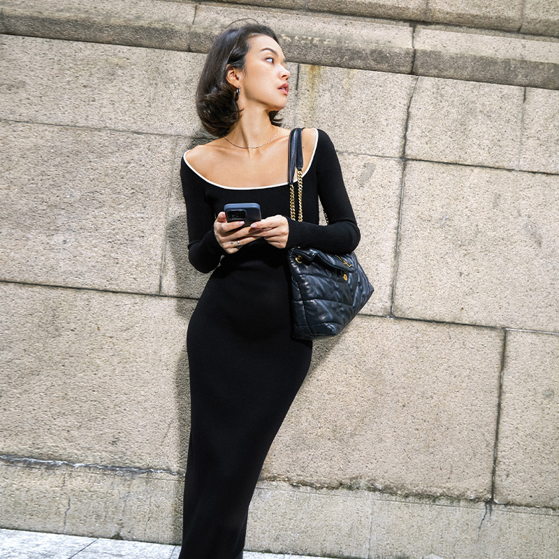 TR Her hot Hepburn dress black base knit with long sleeves autumn and winter hit underdress-Taobao