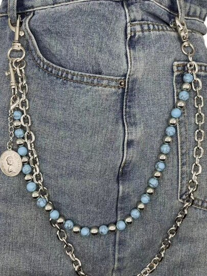 灵魂对撞 SoulCollision 蓝底黑纹松石手工串珠牛仔裤链复古街头