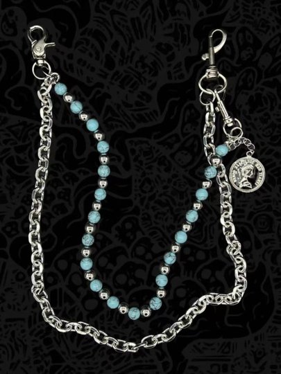 灵魂对撞 SoulCollision 蓝底黑纹松石手工串珠牛仔裤链复古街头