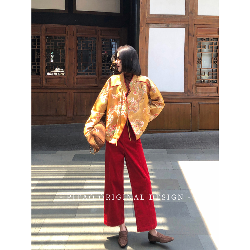 Dubaipupi Tao's Original Design, "Letter from Red Maple Tree," Red Corduroy Loose Slimming Straight-Leg Wide-Leg Casual Pants for Women, Autumn Dubaipupi Tao's Original Design, "Letter from Red Maple Tree," Red Corduroy Loose Slimming Straight-Leg Wide-Leg Casual Pants for Women, Autumn