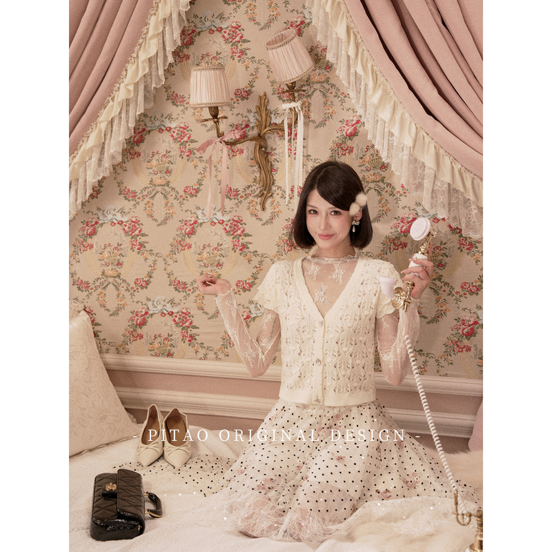Dubaipipao Original Design'Light French Journey' French Hollow-Out Pure Cotton Knitwear Lace Mesh Base Layer Set for Women