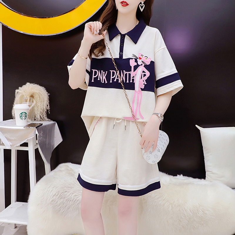 Big Code Women's Summer 2023 New Korean Version Design Sense POLO Collar Short Sleeve T-shirt Shorts Suit Two Sets Tide-Taobao