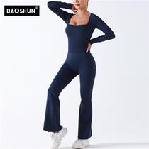 Autumn Winter new European and American Seamless Square Leader Long Sleeves Horn Long Pants Yoga Conjoined Clothes High Play Casual Conjoined Yoga Clothes