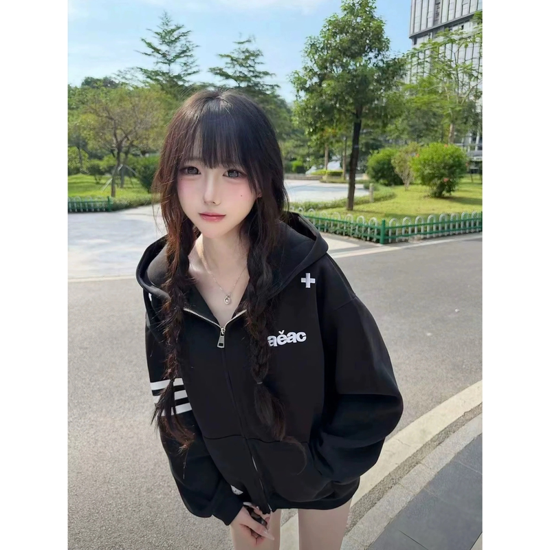 American Retro Embroidered Letter Black Hoodie for Women, Autumn and Winter National Trend Brand Couple's Three-Stripe Zipper Jacket
