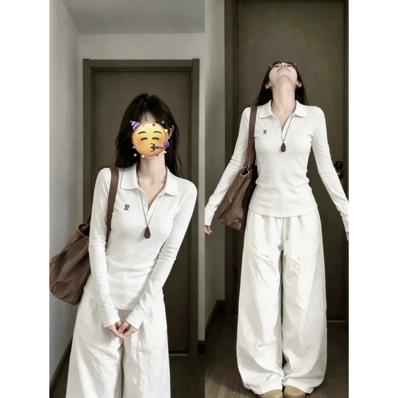 Korean-Style White Polo Shirt with Regular Shoulders, V-Neck, Long Sleeves, T-Shirt for Women, Early Autumn, Waist-Cinching, Slimming, Sporty, Casual, Base Layer Top