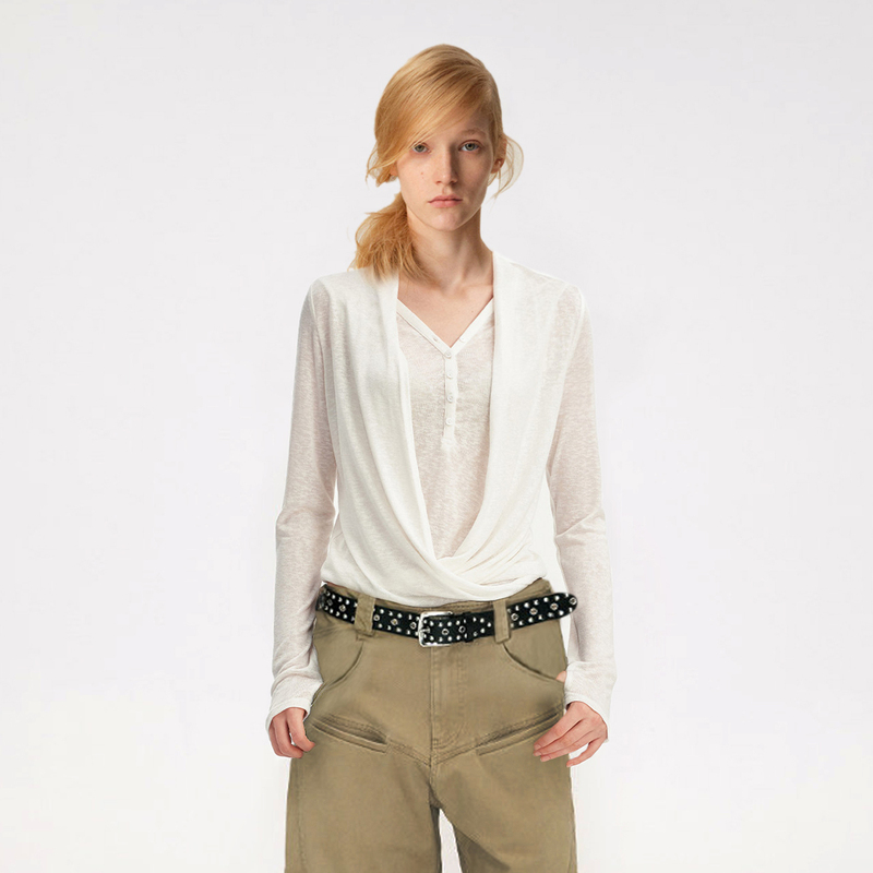Ehvk Fake Two-Piece Cross-Draped V-Neck Tencel Linen Base Shirt Slim Long-Sleeve T-Shirt