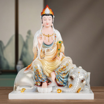 White marble Manjushri Bodhisattva sitting statue Samantabhadra Bodhisattva home Buddhist hall dedicated to the Three Saints of Huayan ornaments stone Buddha statue
