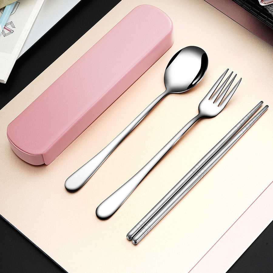 Stainless steel cutlery chopsticks spoon fork cutlery box portable personal travel eating cutlery set of three sets