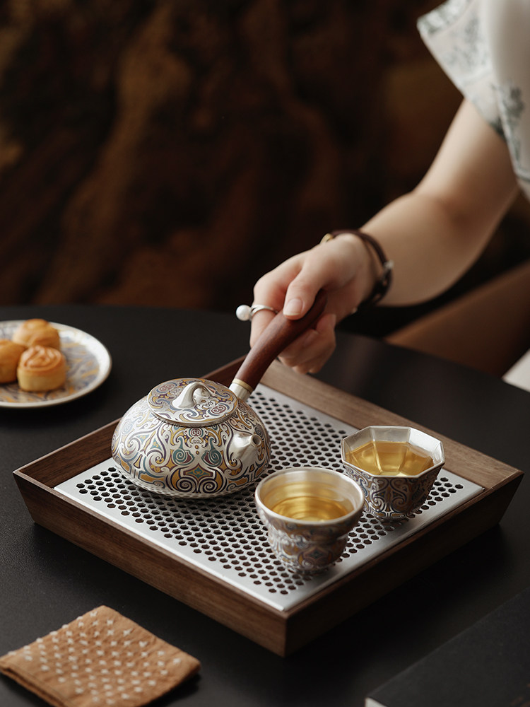 Mr. Ji's Dunhuang Gilt Silver Kung Fu Tea Set, Forbidden City Five Blessings Tea Cup and Teapot Set, Is a Birthday Gift for Elders and Leaders