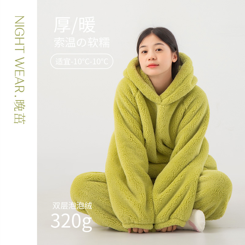 Autumn and Winter Pajamas for Women, Coral Velvet, Fleece-Lined, Thickened, Pullover, Hooded, Large Size, Winter Warm Home Clothes, Can Be Worn Outside