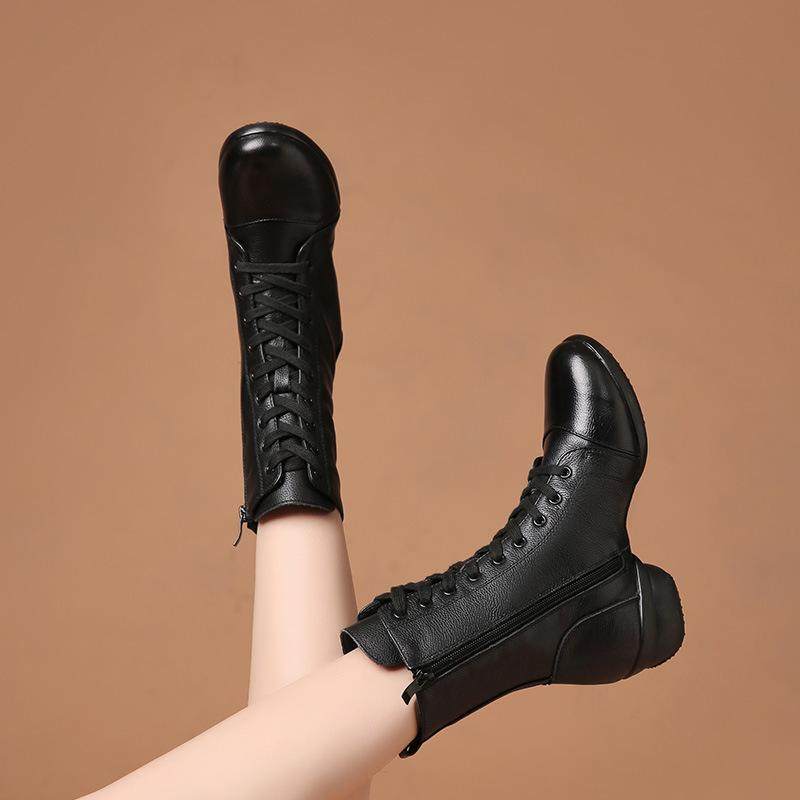 Dance soft-soled shoes square dancing boots sailor boots leather dance shoes women's dance mid heel cowhide women's shoes Yang Liping autumn
