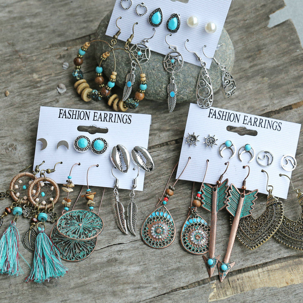 Retro ethnic dream catcher shell feather earring set 6 pairs