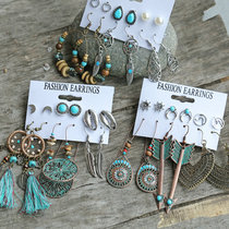 Retro ethnic dream catcher shell feather earring set 6 pairs