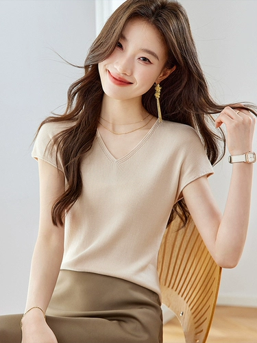 Летняя футболка, приталенный тонкий трикотажный шелковый свитер, V-образный вырез