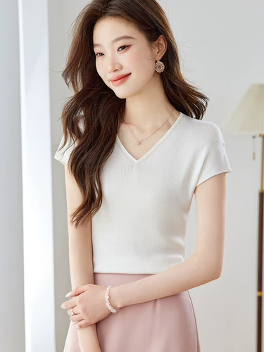 Летняя футболка, приталенный тонкий трикотажный шелковый свитер, V-образный вырез