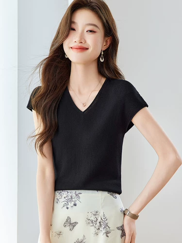 Летняя футболка, приталенный тонкий трикотажный шелковый свитер, V-образный вырез