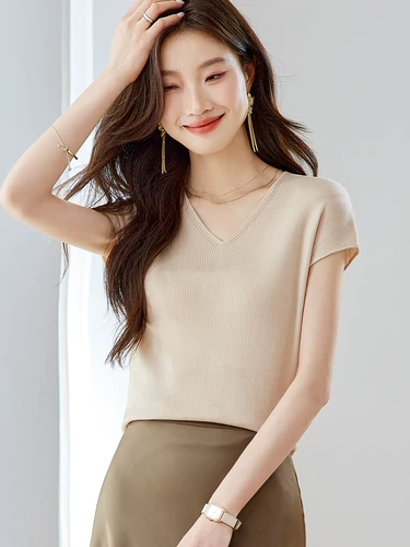 Летняя футболка, приталенный тонкий трикотажный шелковый свитер, V-образный вырез