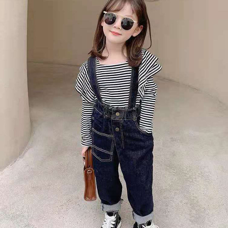 Girl Nets Red Suit Spring Autumn 2023 New Ocean Gas Striped Undershirt Denim Back Belt Pants Children Two Sets Tide-Taobao