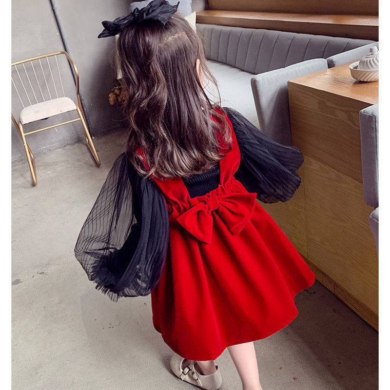 Girls net red dress 2022 new autumn clothes foreign style net gauze sweater velvet vest skirt children's two-piece suit
