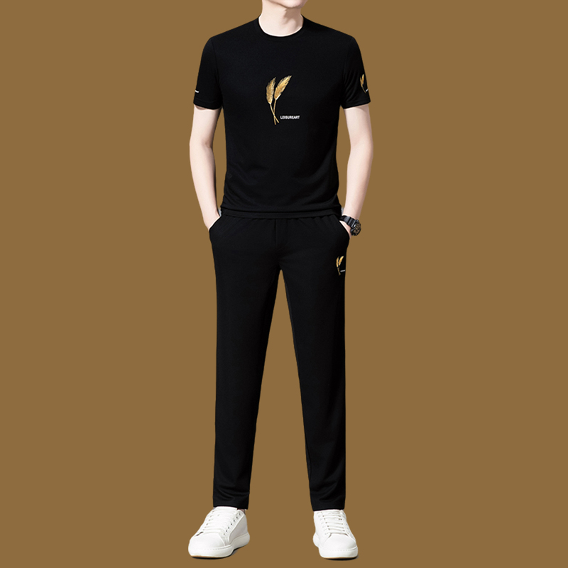 Italian High-End Summer Casual Men's Suit 2026 New Ice Silk Short-Sleeved T-Shirt and Long Pants Two-Piece Set Trendy Italian High-End Summer Casual Men's Suit 2026 New Ice Silk Short-Sleeved T-Shirt and Long Pants Two-Piece Set Trendy
