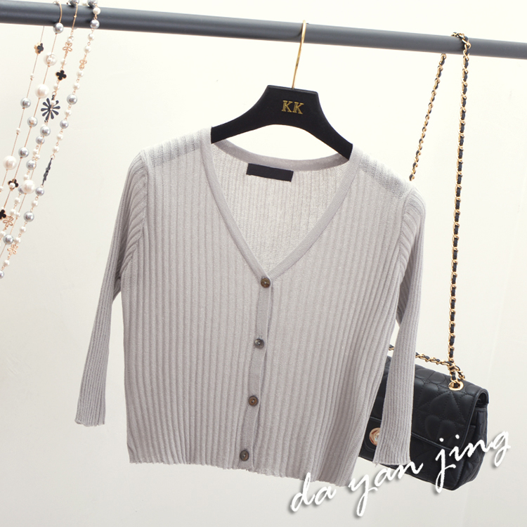 Mùa hè V-cổ Pit sọc tay áo ngắn tay áo băng đan cardigan Phụ nữ mỏng mỏng eo cao áo khoác mỏng shop quần áo nữ