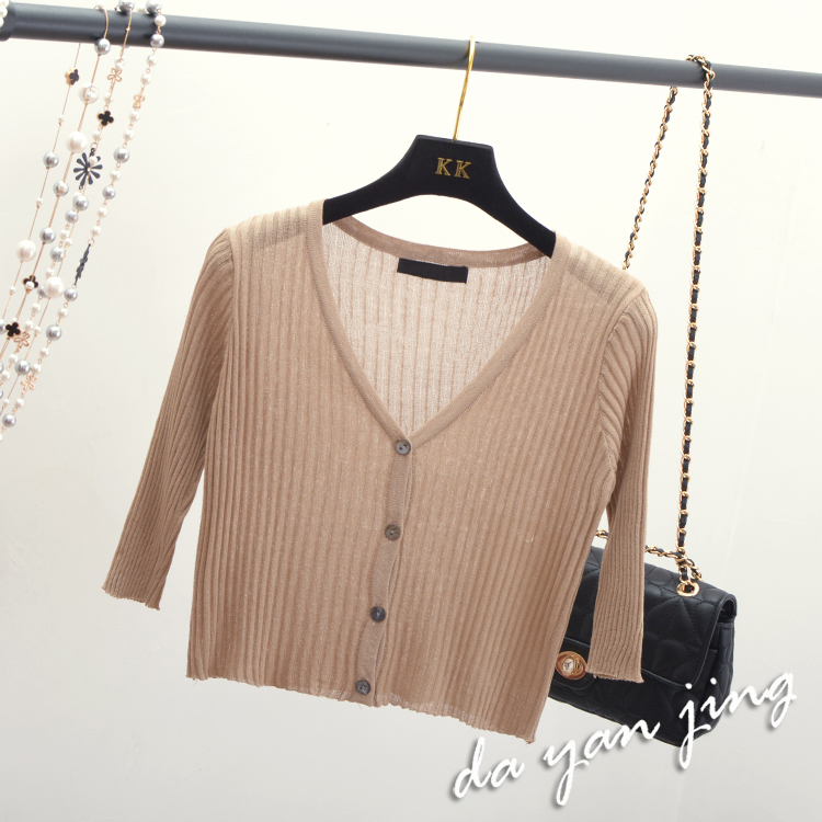 Mùa hè V-cổ Pit sọc tay áo ngắn tay áo băng đan cardigan Phụ nữ mỏng mỏng eo cao áo khoác mỏng shop quần áo nữ