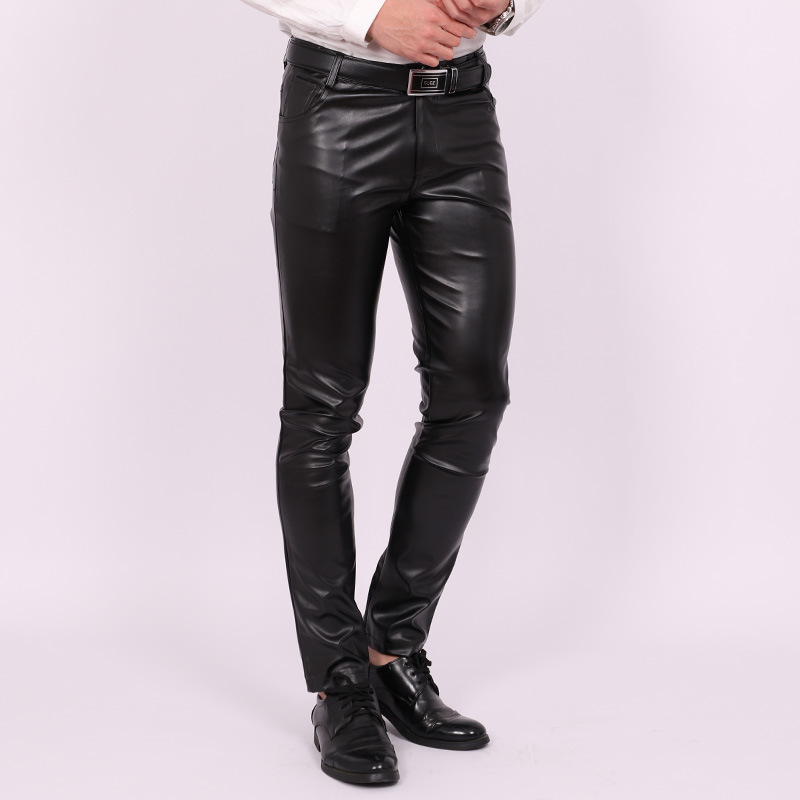 Spring and Summer Korean Style Fleece-Free Slim-Fit Leather Pants for Men, Skinny Pants, Tight-Fitting, Stretchy, Trendy Biker Pants, Nightclub Leather Pants for Men Spring and Summer Korean Style Fleece-Free Slim-Fit Leather Pants for Men, Skinny Pants, Tight-Fitting, Stretchy, Trendy Biker Pants, Nightclub Leather Pants for Men