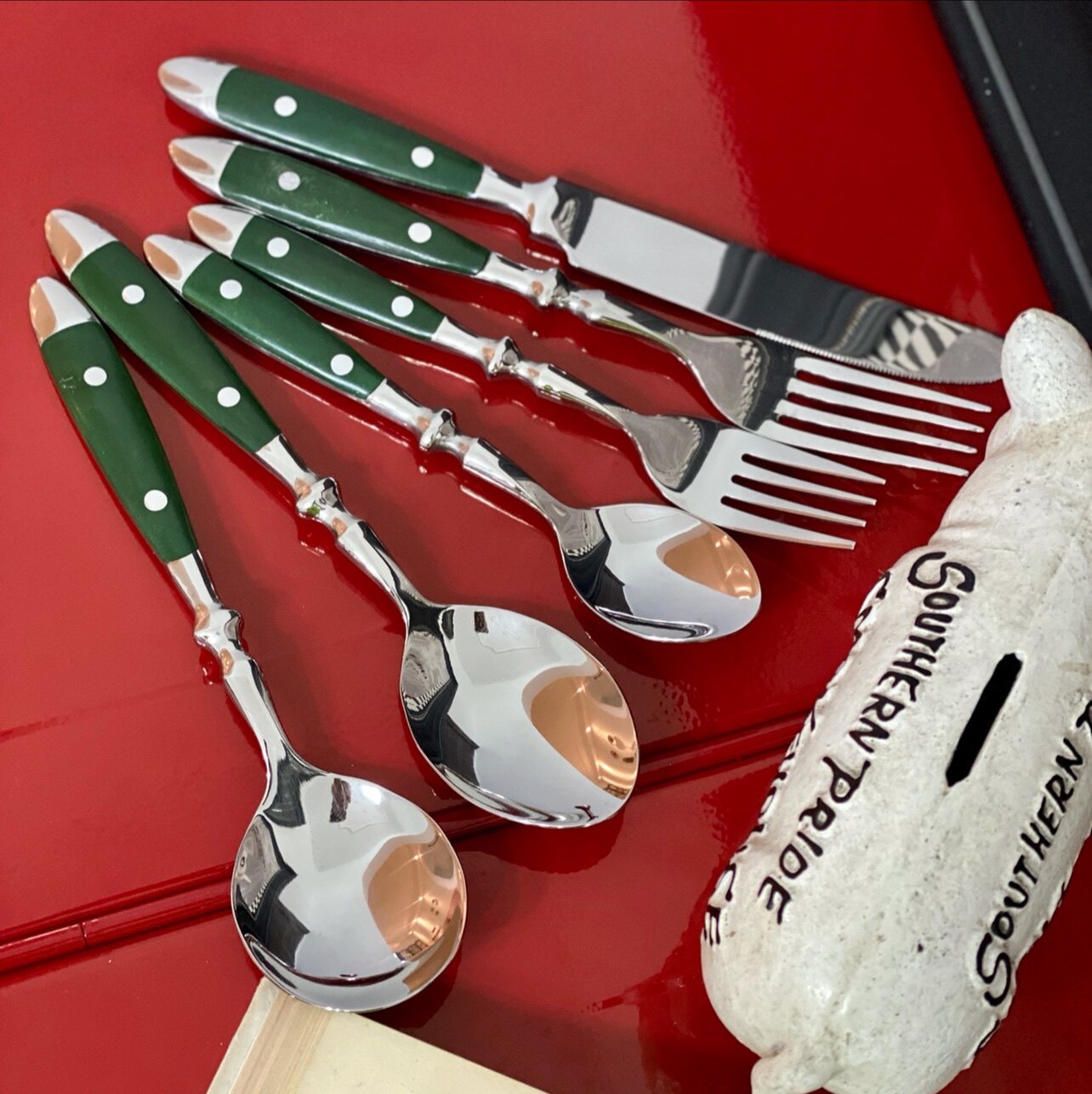 Red Brick House Onevoice Stainless Steel Western Food Retro Wooden Handle Tableware Green