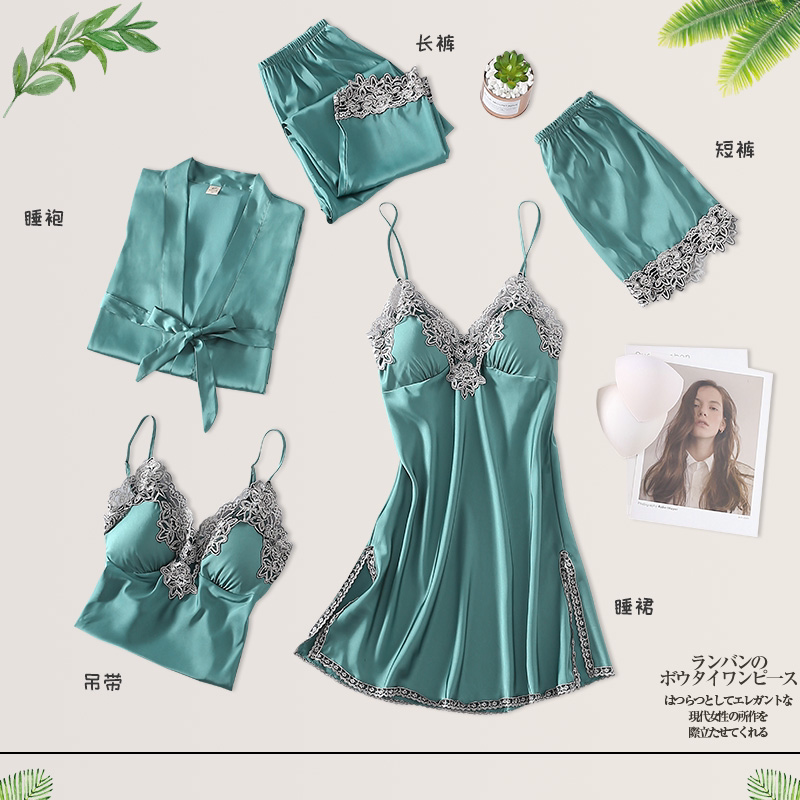 Pajamas women's sexy summer 2022 new spring and autumn five-piece set of ice silk thin suspenders nightdress nightgown with chest pad