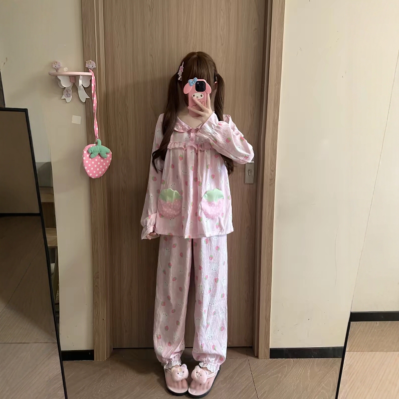 Sweet Strawberry Miffy Miffy Rabbit Pajamas for Women Long-Sleeved Lace Doll Collar Cute Cartoon Home Clothes Autumn Sweet Strawberry Miffy Miffy Rabbit Pajamas for Women Long-Sleeved Lace Doll Collar Cute Cartoon Home Clothes Autumn