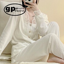 Japanese niche GP pajamas for women in spring and autumn pure cotton and linen high-end lace white home clothes summer short-sleeved thin models