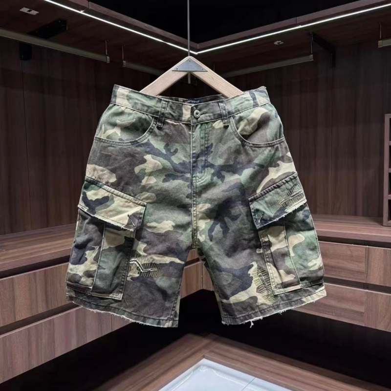 Spring and Summer American Street Style Washed Patchwork Straight-Leg Camouflage Cargo Shorts Versatile Casual Five-Point Shorts with Multiple Pockets for Men