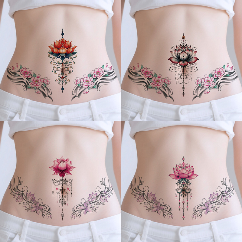 Classical Romantic Sexy Colorful Lotus Flower Tattoo Stickers for Women, Waterproof, for Waist and Abdomen, Elegant Dunhuang Style