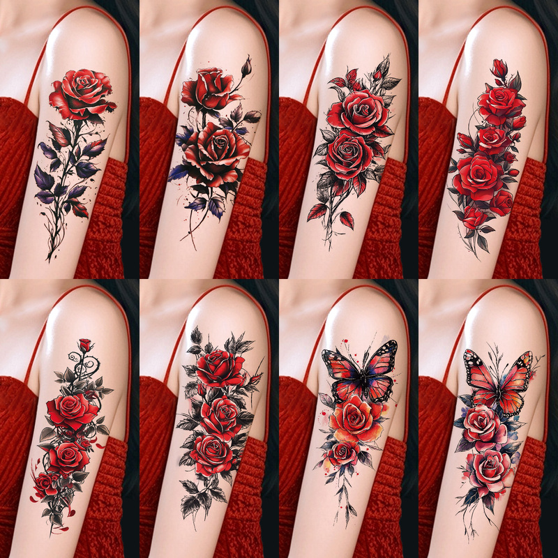 New Sexy Colorful Tattoo Stickers Waterproof for Women, High-End, Stunning and Beautiful, Red Rose Flower Temporary Body Art