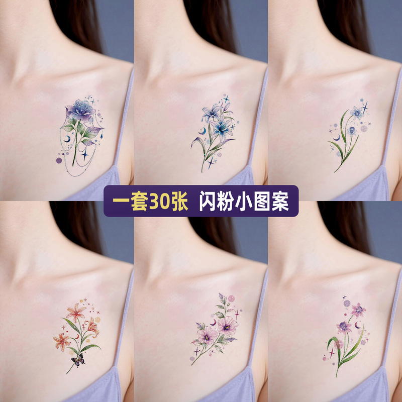 New Glitter Small Pattern Tattoo Stickers for Women, Waterproof, High-End, Colorful Flowers, Beautiful and Fresh on the Chest and Collarbone