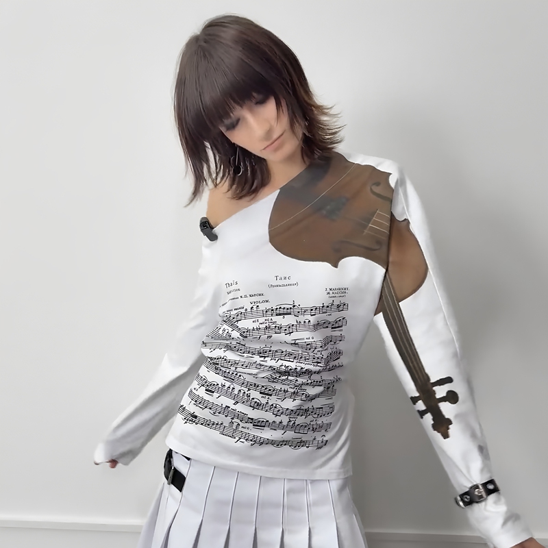 Fun Printed T-Shirt for Women, Loose, Trendy, Casual, Versatile, Unique, Creative, Long-Sleeved Violin Shirt