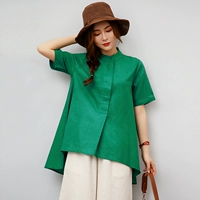 Mùa xuân và mùa hè 2019 mới văn học vải lanh retro của phụ nữ lỏng lẻo kích thước lớn kích thước lớn rắn ngắn tay áo thun - Áo phông áo phông cao cấp