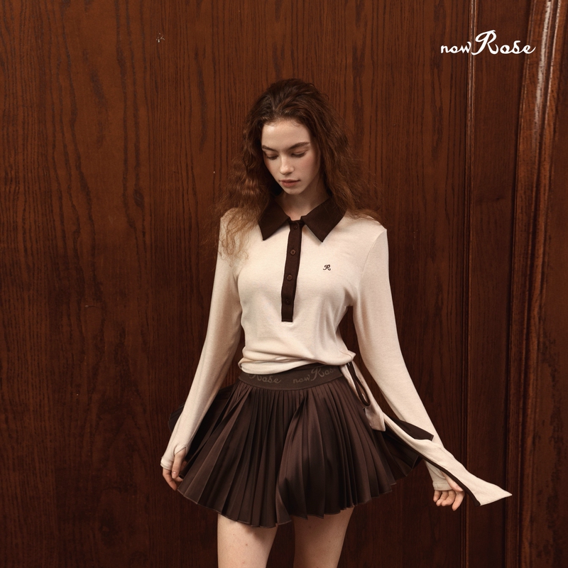Nowrose Official Old Money Style Tennis Wear Autumn Women's Sports Quick-Drying Base Shirt with Color-Blocking and Bow Tie