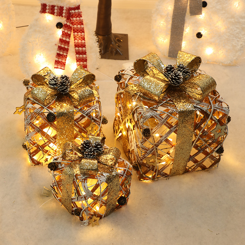 Christmas luminous gift box Christmas tree ornaments wrought iron rattan box decorations with lights shopping mall window shelf props