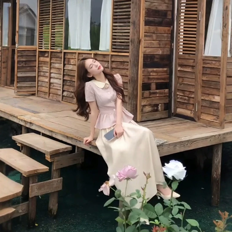Летний комплект, юбка, платье, футболка, французский стиль, воротник-кукла, с коротким рукавом, талия