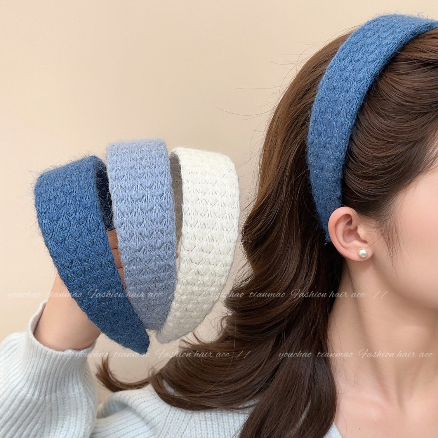 Autumn/Winter Retro Blue Wool Wide Brim Headband for Women, 2025 New Style, High Crown Headband, Hair Compression, Face Washing Hair Clip, Hair Accessory