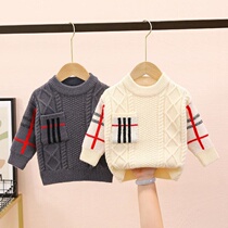 Boy sweater winter 2021 burst plus suede thickened baby knit undershirt splicing baby boy clothing warm ocean