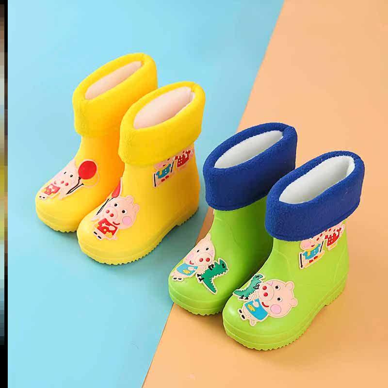 Soft children Rain shoes waterproof anti-slip abrasion resistant male and female boy rain boots cute and warm middle cylinder children rain shoes baby rain boots