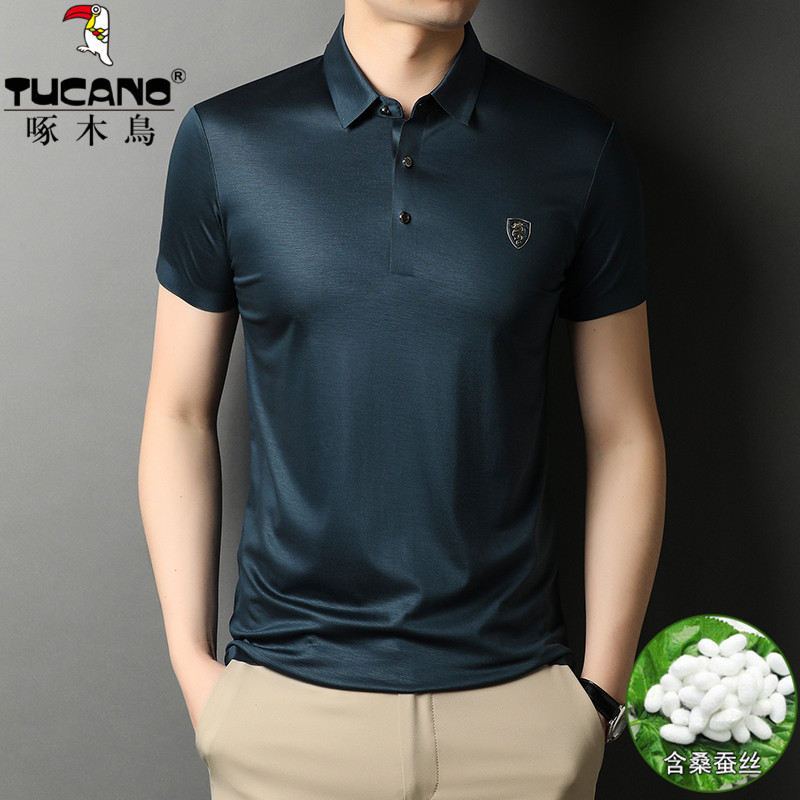 Pecking Wood Birds Summer Middle Aged Daddy Loaded Men High-end Mulberry Silk Turning Polo Shirt Ice Silk Short Sleeve Body T-shirt