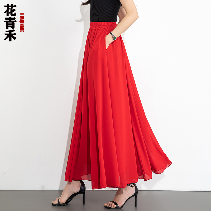 Chiffon Skirt for Women, Summer 2026 New Style, Red Long Skirt, Elegant Flared Dance Skirt, Plus Size, Slimming, Solid Color Gauze Skirt