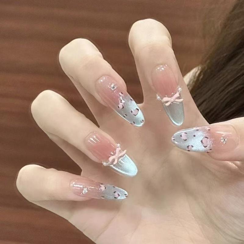 Handmade Wearable Nails, Medium-Length, Super Cute Cat Bow Design, Popular on Instagram, Girly Nail Stickers, Removable