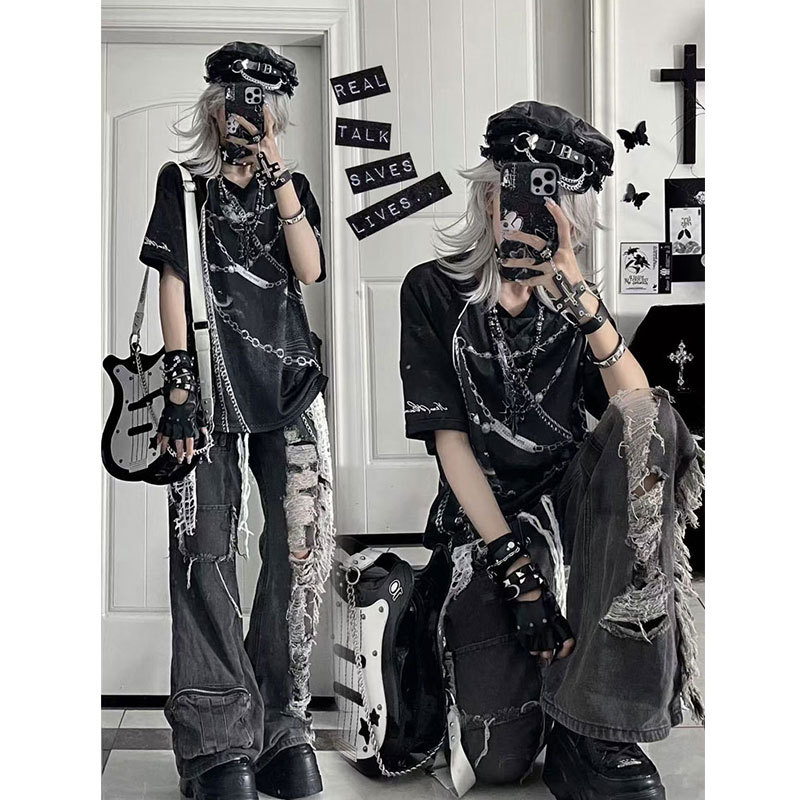 Plus-Size American-Style Workwear Ripped Jeans for Women, Spring and Summer, with a Sense of Design, Y2K Wide-Leg Pants, Slimming, Subculture Fashion