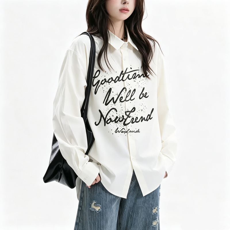 Tangtang Manufacturing Machine Creative Large Letter Long Sleeve Shirt for Women Spring and Autumn Korean Style Lazy Loose Casual Shirt Tangtang Manufacturing Machine Creative Large Letter Long Sleeve Shirt for Women Spring and Autumn Korean Style Lazy Loose Casual Shirt