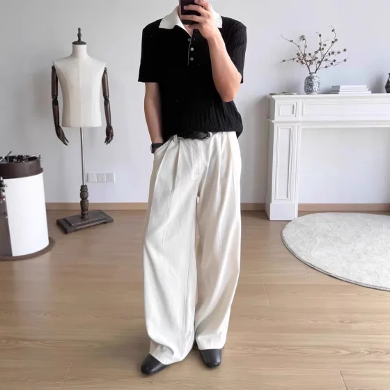 
cleanfit hand-stitched Tennis linen blended double pleated A-line casual trousers men's breathable straight-dial trousers
